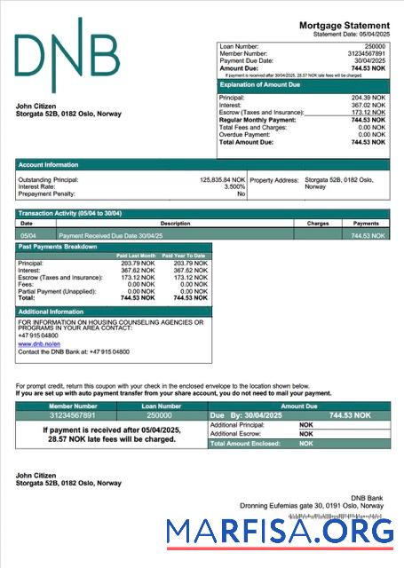 Realistic Norway DNB Bank mortgage statement Word and PDF template